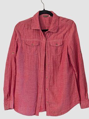 Eddie Bauer Womens Pink Linen Blend Button Down Shirt M Lightweight Utility